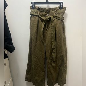 High Waisted Olive Green Pants with Cinched Waist and Wide Leg